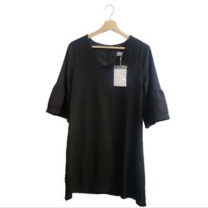 NWT BELONGSCI Black Wedding Guest Bell Sleeve Shift Dress Mini Length Size M